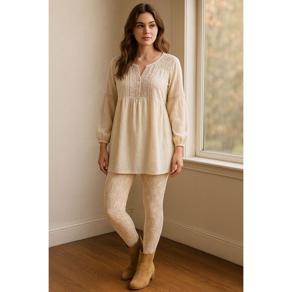 Origami by Vivian Plus Size Lace Leggings – Cream Floral Sheer - Picture 1 of 4